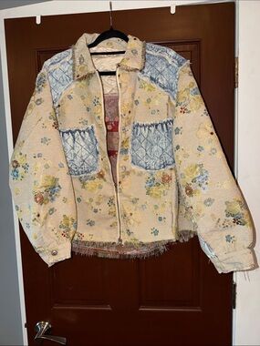 Floral Patchwork Zip-Front Women's Jacket - Cream & Blue